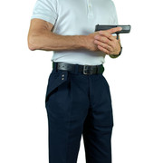 Man with drawn firearm wearing CCW Breakaways concealed carry NAVY KHAKI pants. The tactical pants without the tactical appearance. The ideal ccw solution for pocket carry