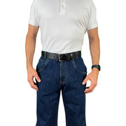 Man in front view wearing CCW Breakaways concealed carry DENIM JEANS pants, the gray man clothing solution to blend into the crowd for deep concealment. Man in front view wearing CCW Breakaways concealed carry DENIM JEANS pants, the gray man clothing solution to blend into the crowd for deep concealment.