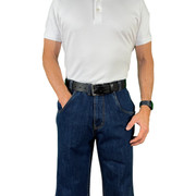 Man wearing CCW Breakaways concealed carry DENIM JEANS pants hand in his pocket for a pre-staged gun draw with a full-gun-grip in concealment for fast gun draw. Man wearing CCW Breakaways concealed carry DENIM JEANS pants hand in his pocket for a pre-staged gun draw with a full-gun-grip in concealment for fast gun draw.