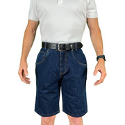 Man in front view wearing CCW Breakaways concealed carry DENIM JEANS shorts, the gray man clothing solution to blend into the crowd for deep concealment.
