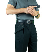 Man with drawn firearm wearing CCW Breakaways concealed carry BLACK CARGO pants. The tactical pants without the tactical appearance. The ideal ccw solution for pocket carry.