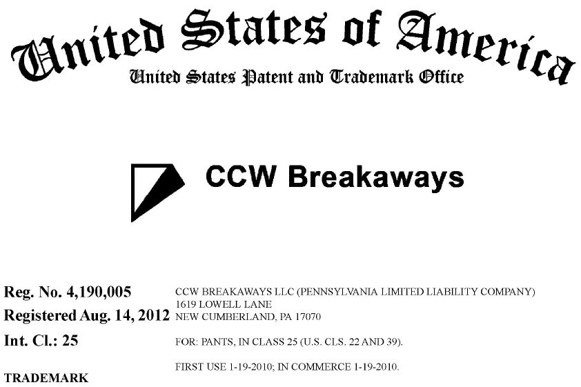 USPTO Trademark Certificate for CCW Breakaways