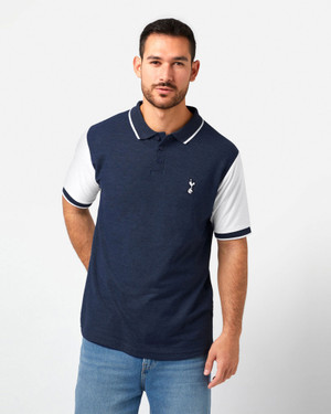 Spurs Mens Contrast Sleeve Cotton Pique Navy Polo