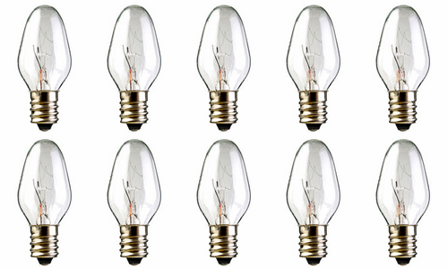 Box of 10 Bulbs 15C7, Clear, 15 Watt, 120 Volt, E12 Candelabra Base