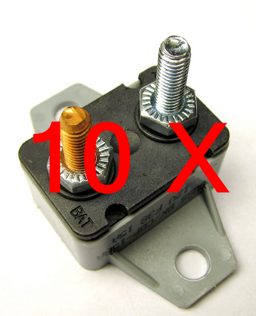 15A Type 1 Circuit Breaker, CBP-15BA, Stud + 2 Quick-Disconnect 0.25" (10-Pack)