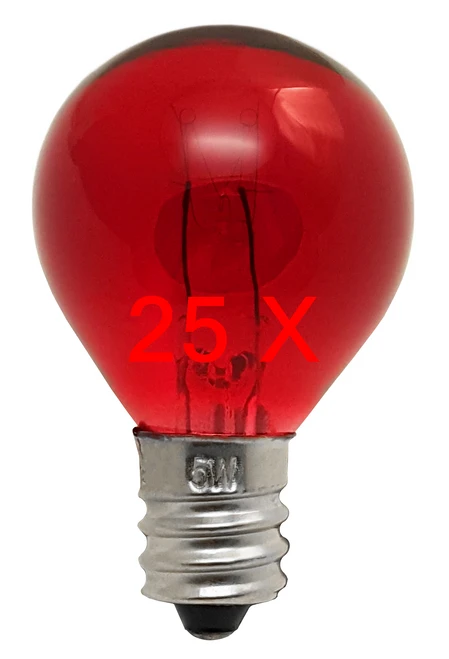 25 pack Red Bulb 5W, 120V, G9.5, Candelabra E12 Base, 5 Watt, 120 Volt, Decor