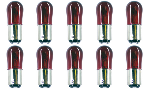 Box of 10 Bulbs 6 Watt 130 Volt Bayonet Base BA15d Transp. Red 130V 6W 6S-6