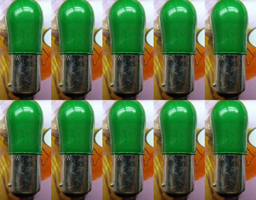 Box of 10 Bulbs 6 Watt 120 Volt Bayonet Base BA15d Ceramic Green 120V 6W 6S-6 Box of 10 Bulbs 6 Watt 120 Volt Bayonet Base BA15d Ceramic Green 120V 6W 6S-6