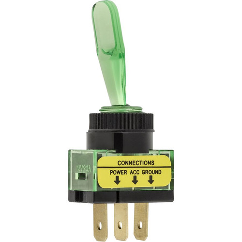 Illuminated Toggle Switch - Green, 12V, up to 20A, On/Off (SPST)
