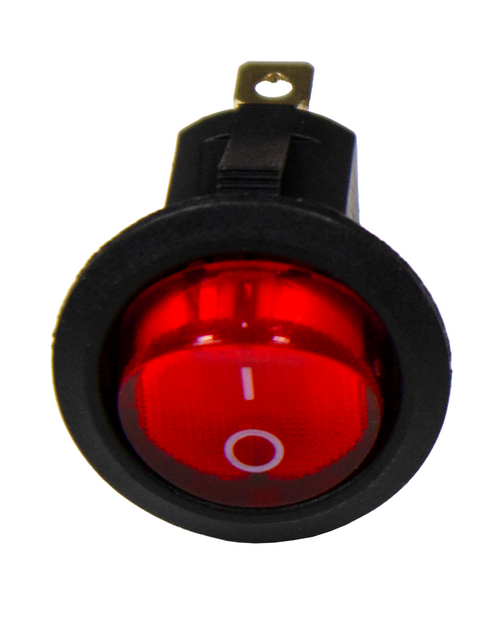 Red LED Rocker Switch, Round, Panel Mount, Snap-In, SPST, 6 to 12 Volt, 20 Amp Red LED Rocker Switch, Round, Panel Mount, Snap-In, SPST, 6 to 12 Volt, 20 Amp