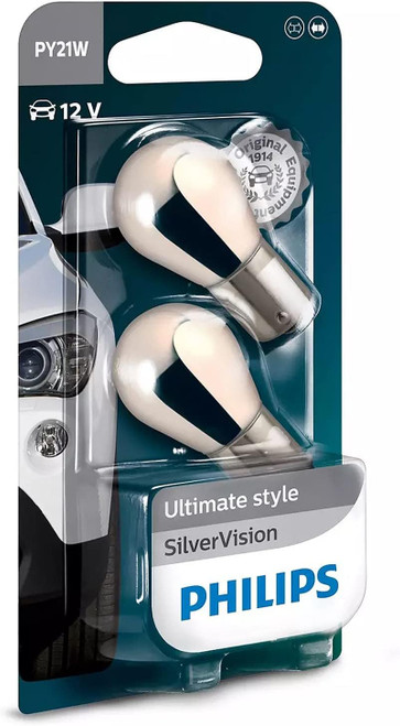 Philips 12496SV SilverVision Bulb, PY21W 12V, 21W, BAU15s Base, Amber/Chrome