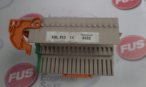 Honeywell XSL 513 Terminal Block, gray with orange and green components, labeled with product details.