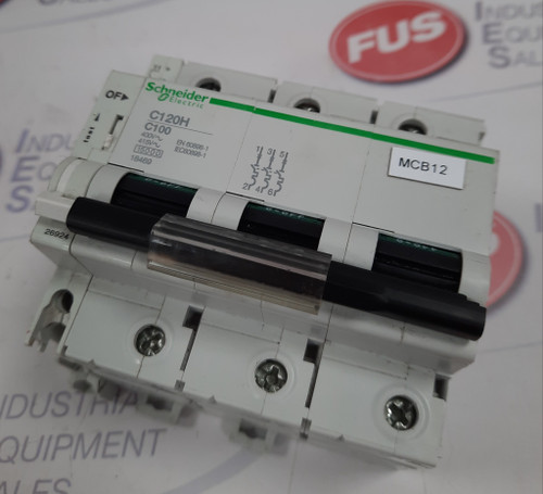 Schneider C120H C100 3 Pole Circuit Breaker, white with black and green accents, MCB12 label.