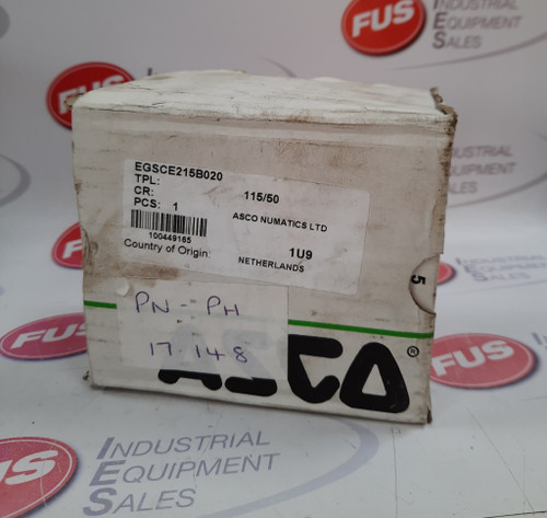 ASCO EGSCE215B020 Pilot Operated Solenoid Valve, cardboard box packaging with barcode and product details.