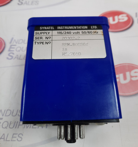 Blue 409 Synatel SSM.BOSSGT 115/240v Time Delay Relay with silver terminals and product label.