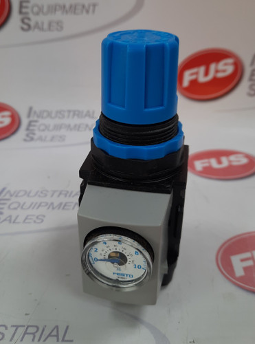 FESTO LR-M1-G1/8-07G Pressure Regulator, blue knob, silver body, gauge, FESTO brand industrial component.