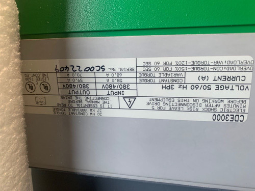 Control Techniques CDE3000 Inverter Drive with 37KW Variable Torque label and technical specifications listed clearly.