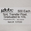 Globe Scientific Transfer Pipette, 5 mL, 3.4 mL Draw Volume #137030