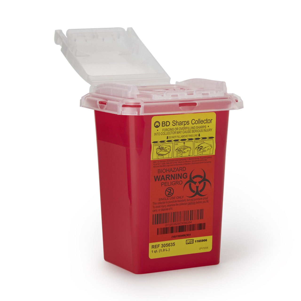 1 Quart Red Container - Locking Hinged Lid - Phlebotomy Sharps Containers