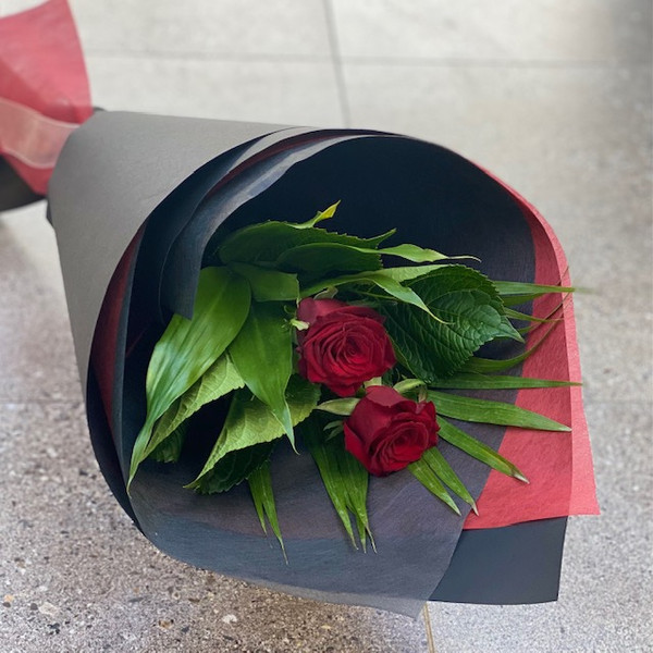 Two red roses and foliage for Valentines day