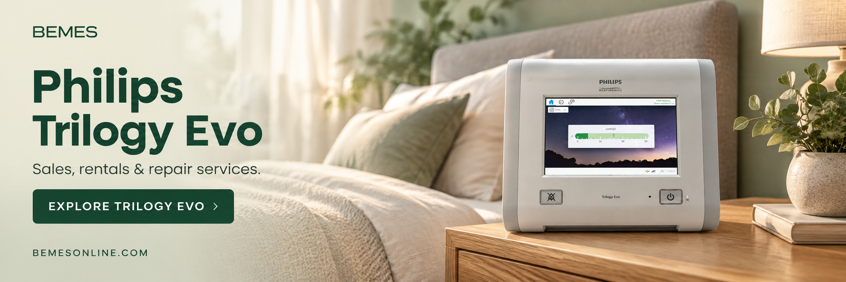 Philips Trilogy Evo beside a bed — sales, rentals and repair services. Explore Trilogy Evo.