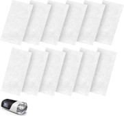The filters are relatively small but enlarged to show detail. There are two rows of six filters with a small image in the bottom left-hand corner or the Resmed S11 for which they are compatible. The filters are plain looking and white. 