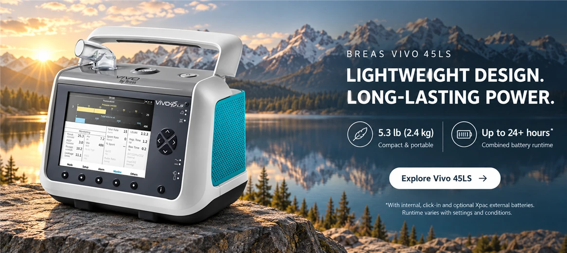 Breas Vivo 45LS &mdash; lightweight design and long-lasting power, with mountains and a lake. Explore Vivo 45LS.