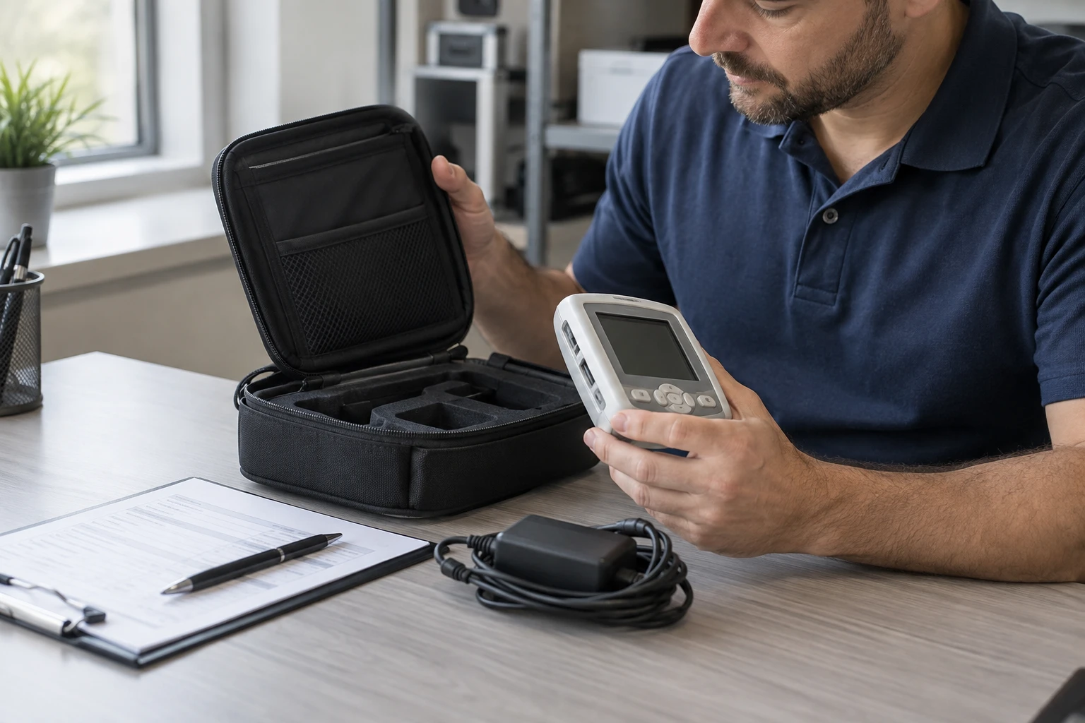 Equipment specialist reviewing equipment and accessories — AI-generated business scene