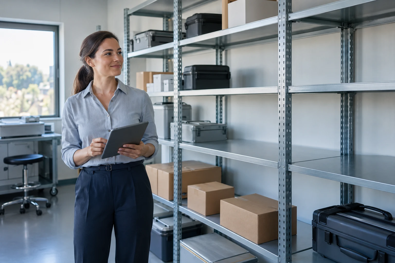 Inventory coordinator beside organized equipment shelves — AI-generated business scene