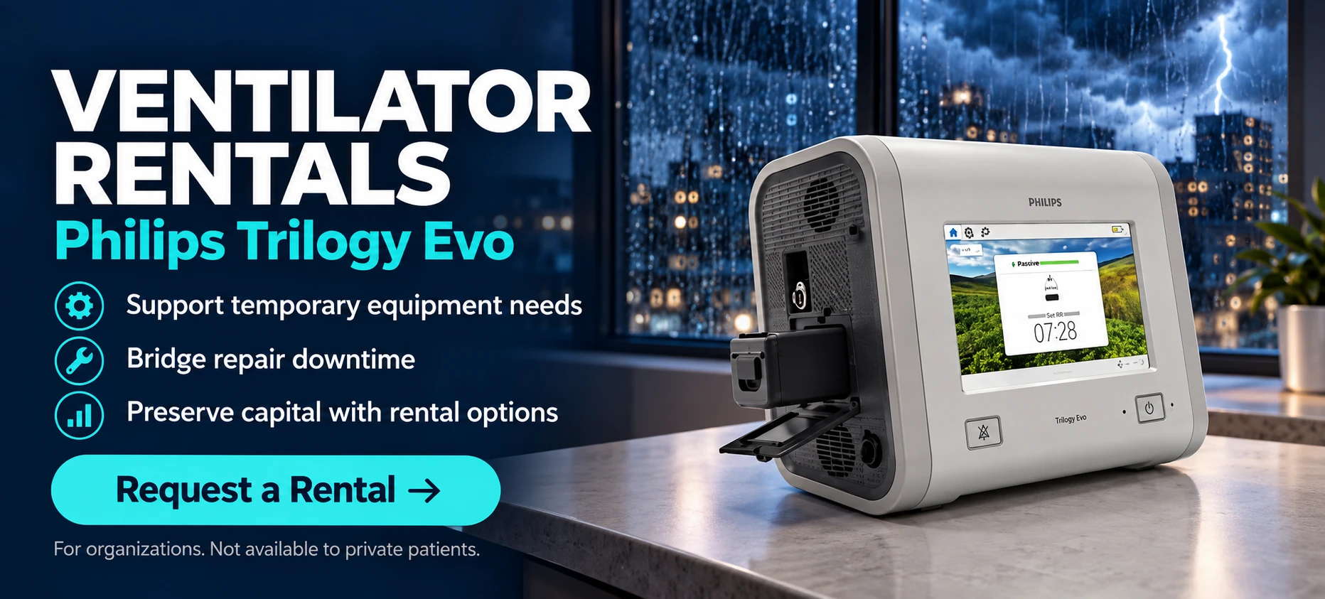 Philips Trilogy Evo ventilator rentals. Support temporary equipment needs, bridge repair downtime, and preserve capital. For organizations; not available to private patients.