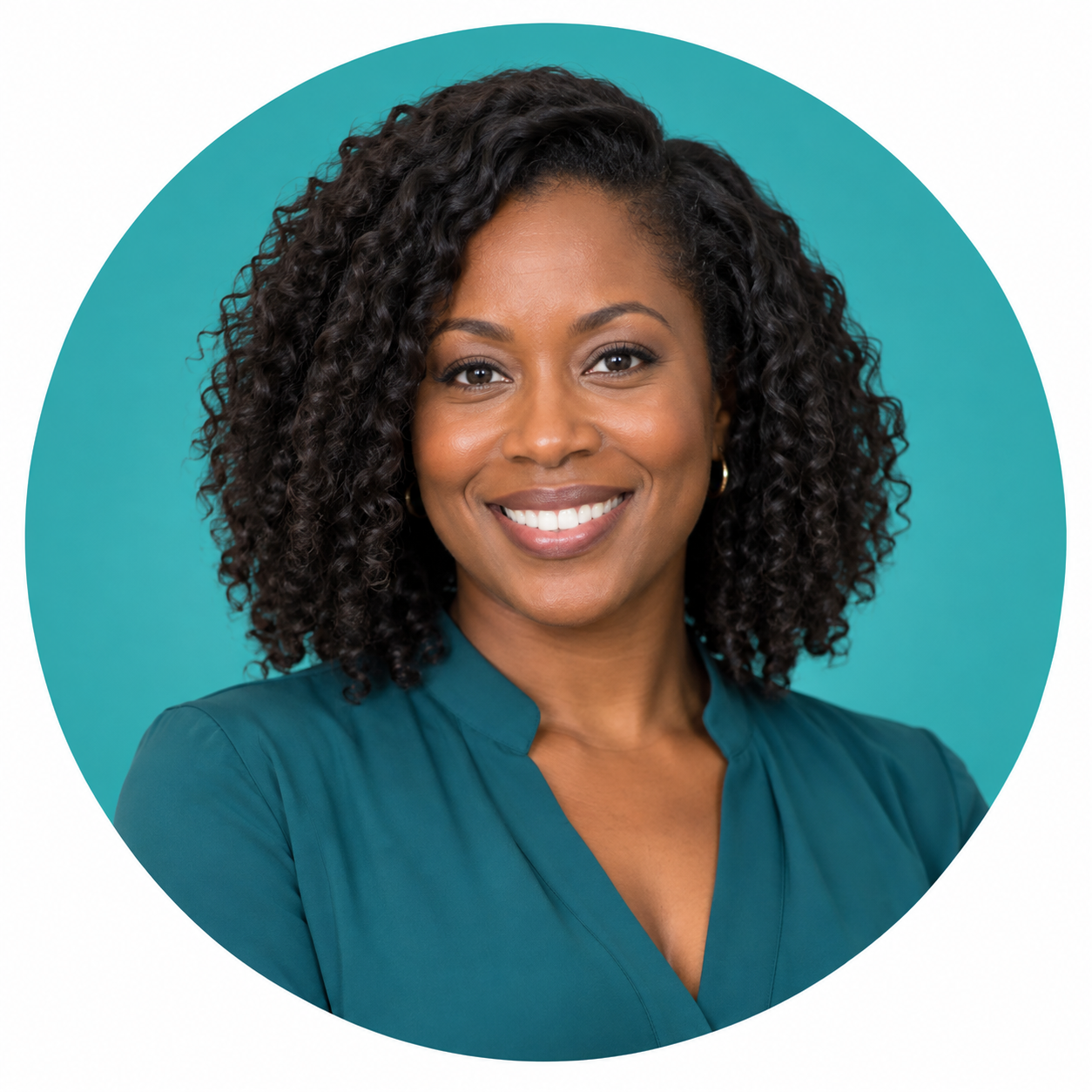 Illustrative sales expert portrait with teal circle
