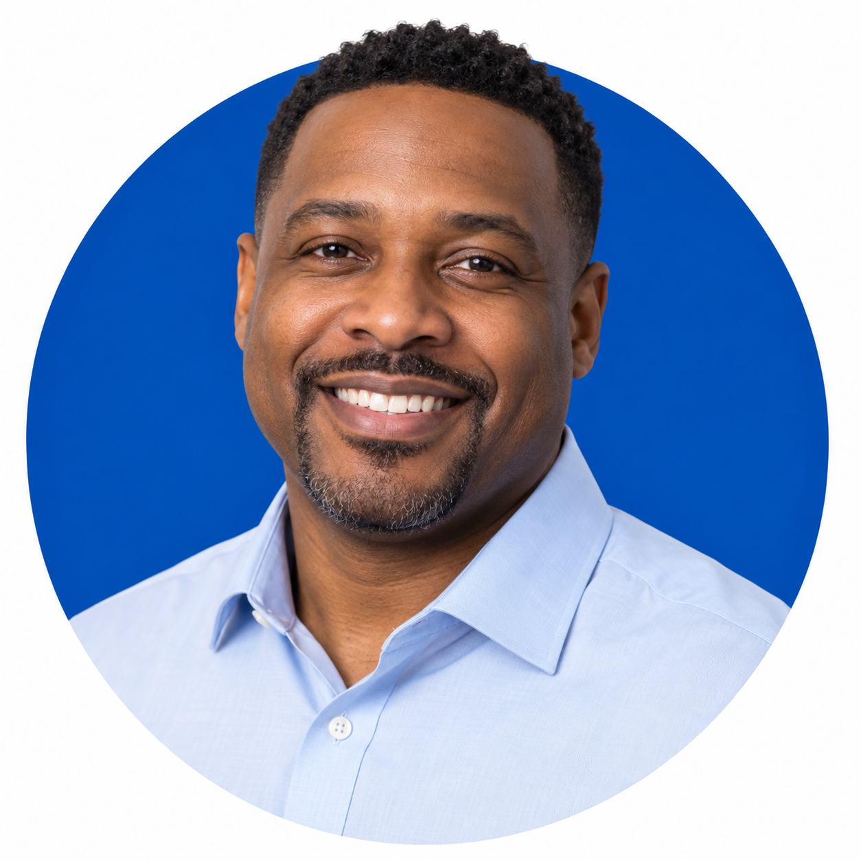 Illustrative sales expert portrait with blue circle