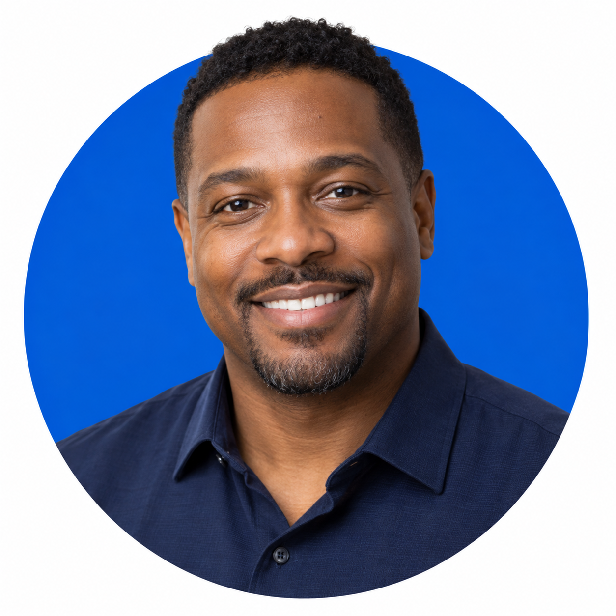 Illustrative sales expert portrait with blue circle