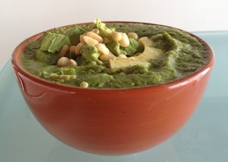 Avocado soup with macadamias in a red soup bowl