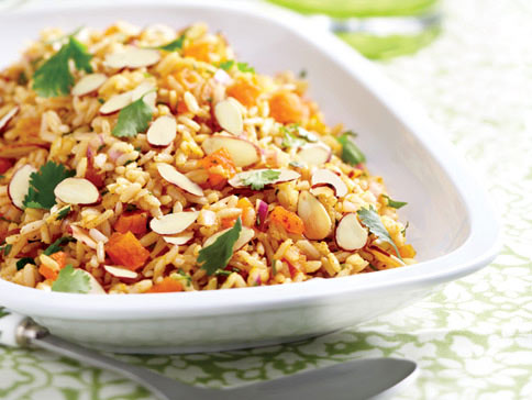 Brown Rice Salad with Fresh & Dried Apricots in a serving dish