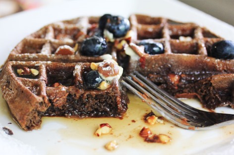 Chocolate Nut Waffle on a plate with a fork