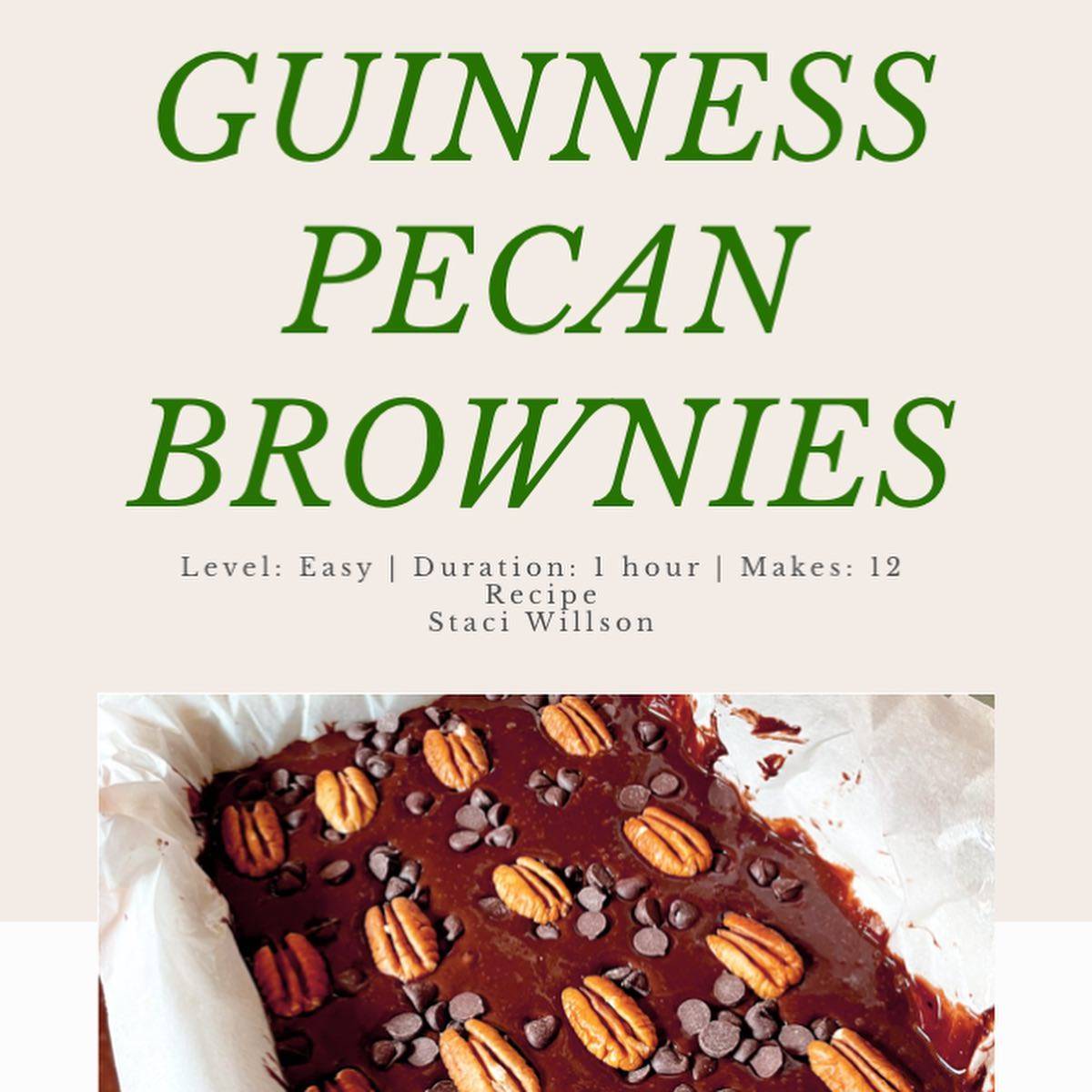 Graphic that read "Guinness Pecan Brownies" with photo of brownies