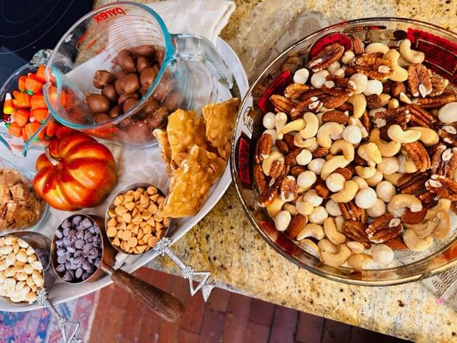 Halloween Trail Mix and ingredients in bowls
