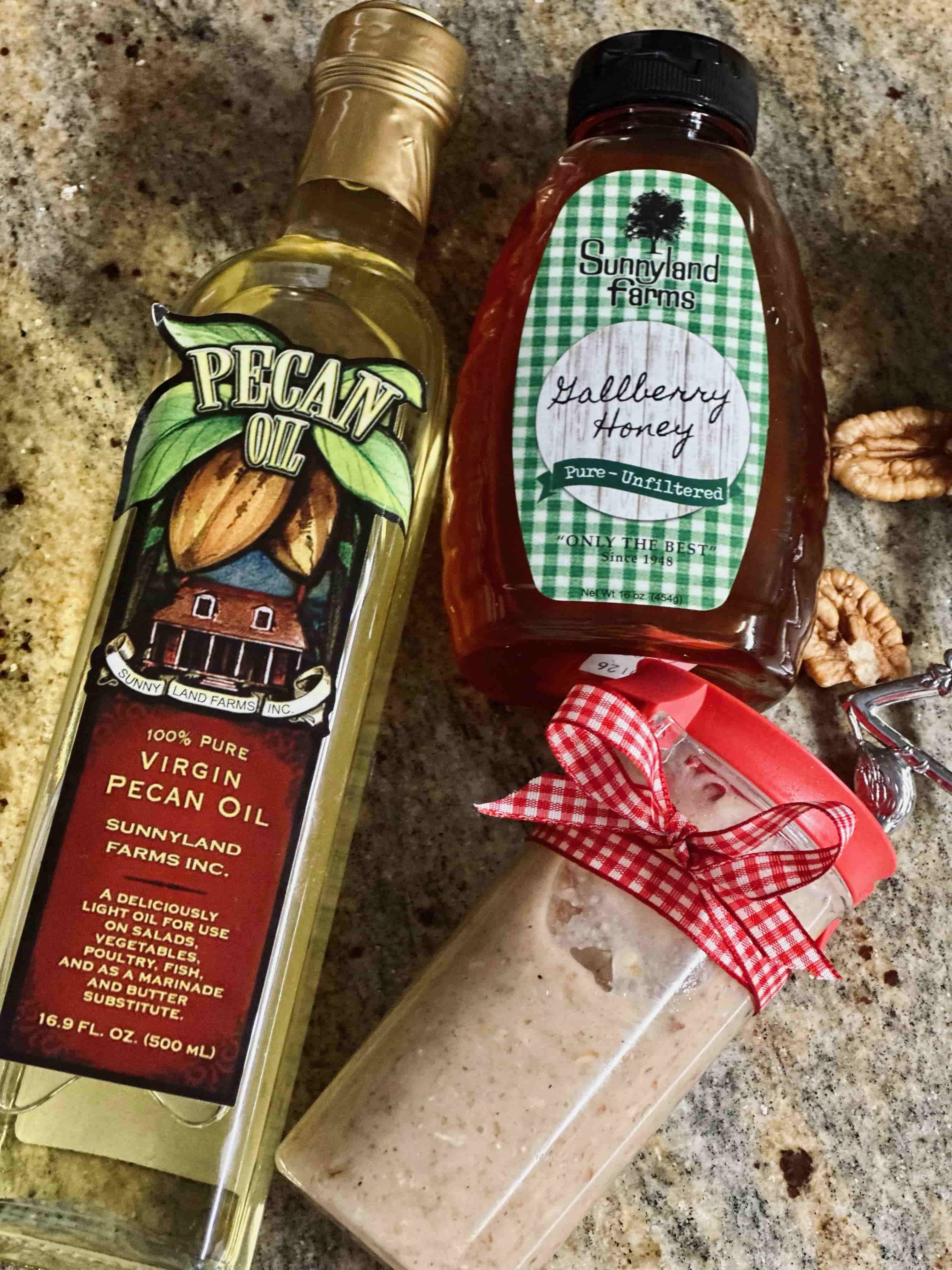 Sunnyland Pecan Oil, Sunnyland Gallberry Honey, and Honey Pecan Vinaigrette in a jar