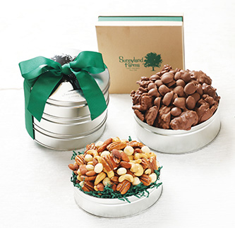 Sunnyland Farms gift box, Pecan Trio gift tins, Chocolate Carousel, and Heavenly Mix