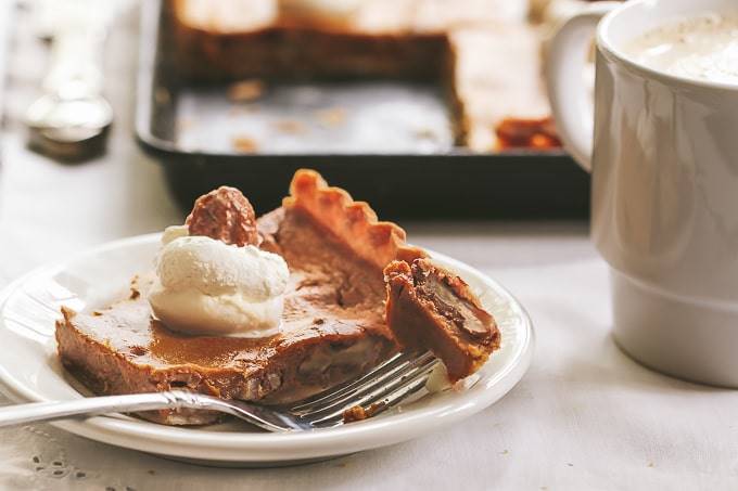 Slice of Pumpkin Slab Pie with Candied Pecans