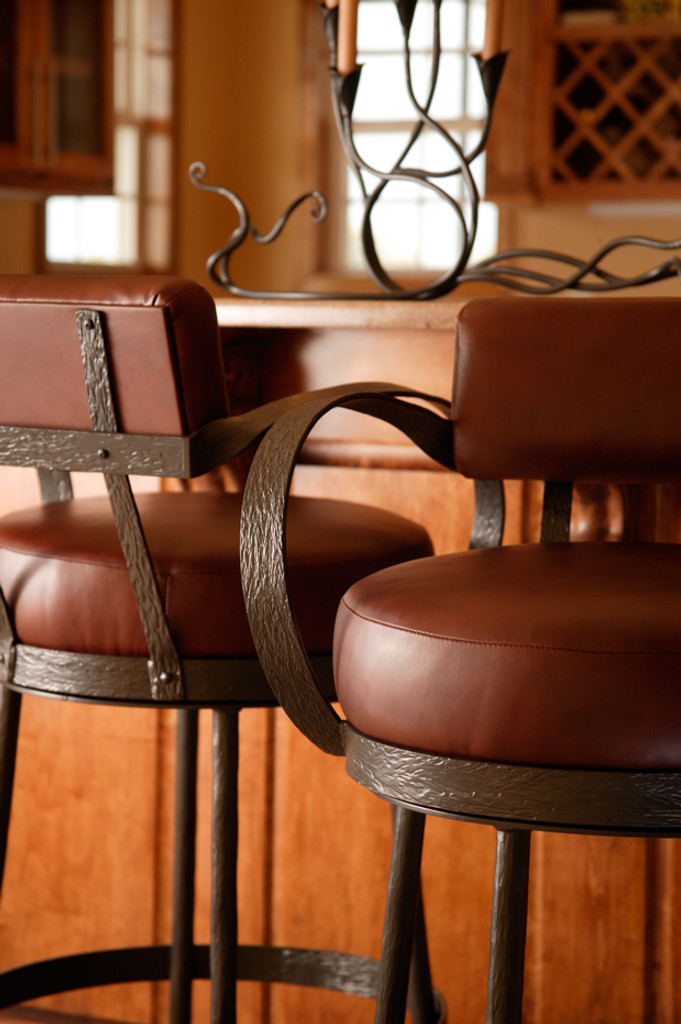 Rustic bar stools with shop backs and arms