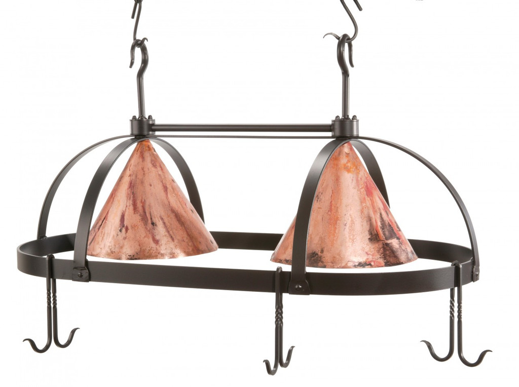 Dutch Oval Iron Lighted Pot Rack with Copper Shade