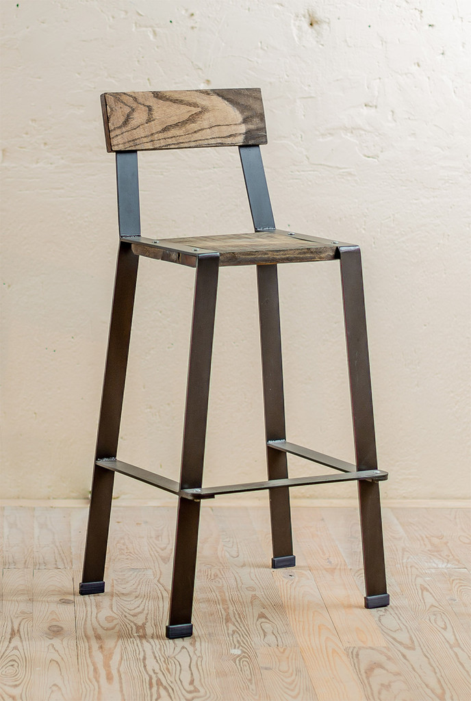 Metal and Wood Bar Stool with Back Rustic Counter Height Stool