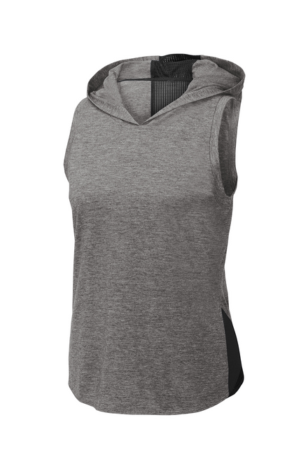 Grey Heather/Black Ladies Tri-Blend Wicking Hoodie Tank