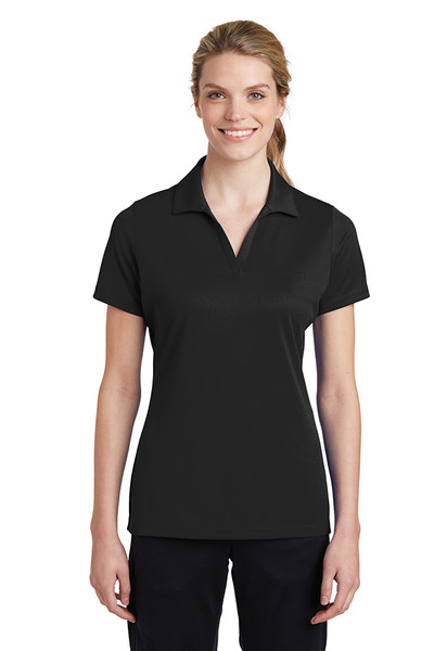Ladies Moisture-Wicking Short Sleeve Polo showcased on a model, highlighting its tailored fit, short sleeves, and stylish design. Perfect for versatile occasions.