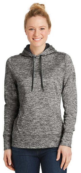 Women's Electric Heather Fleece Hooded Pullover in black electric - Moisture-wicking and color-preserving fleece for all-day comfort and style.