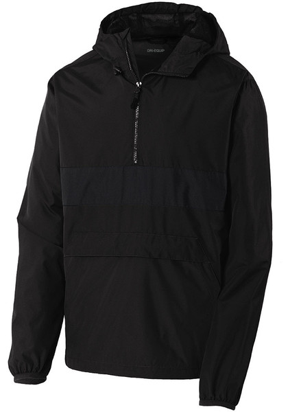 Quarter-Zipped Pocket Anorak in Black - Wind- and water-resistant with a zippered pocket for secure storage.