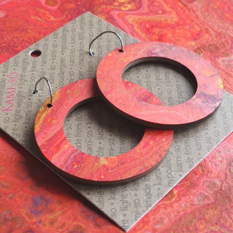 Reversible Circle Recycled Paper Earrings - Orange / Gold & Purple
