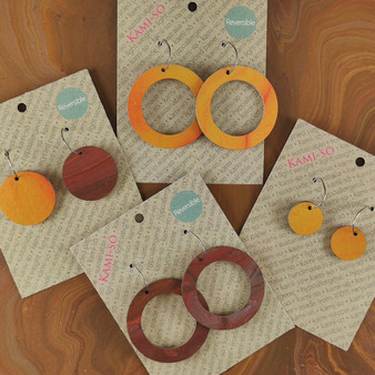 Reversible Circle Recycled Paper Earrings - Brown / Gold & Red